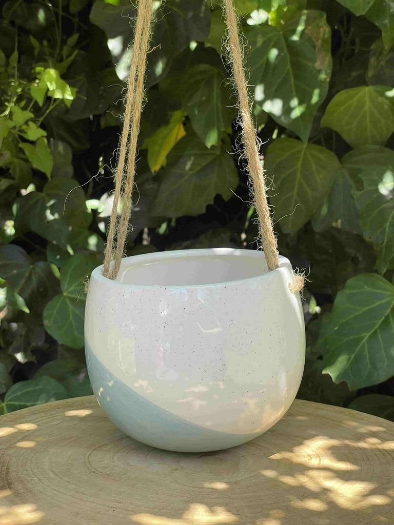 blue and white hanging pot