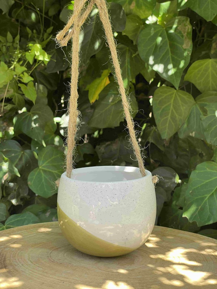 green and white hanging pot