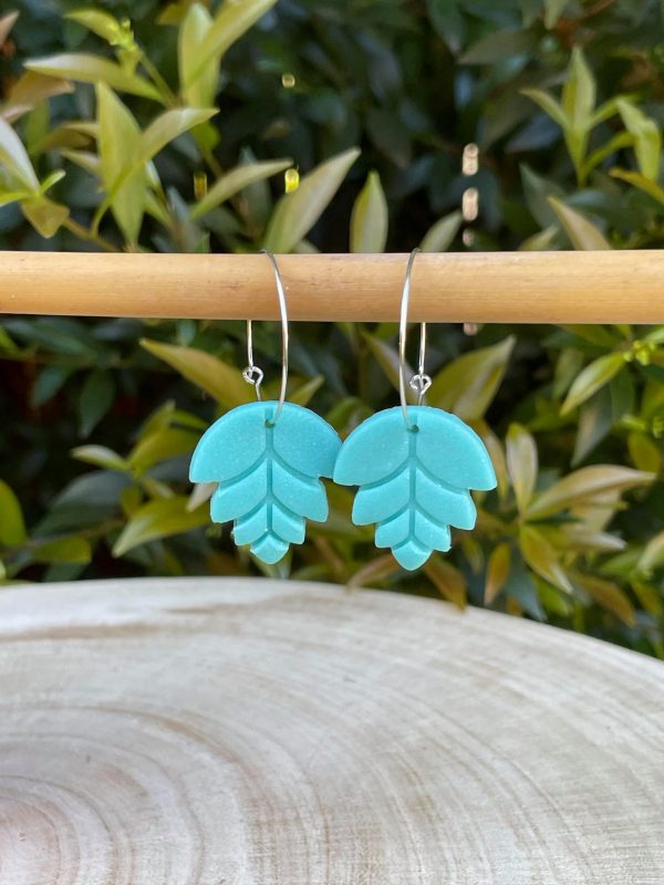 teal leaf hoop earrings