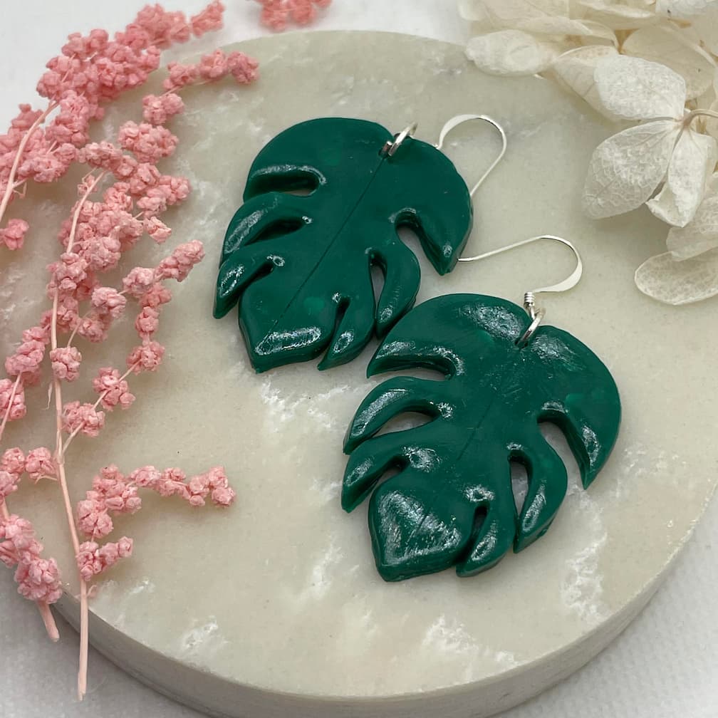 green leaf earrings, monstera leaf